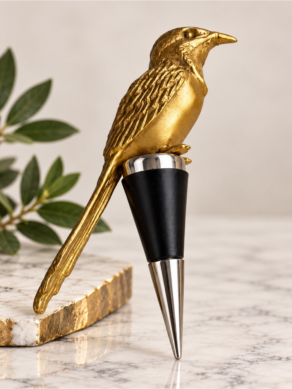 Vintage Gold Metal Bird Wine Bottle Stopper Korea Cast Figurine Barware
